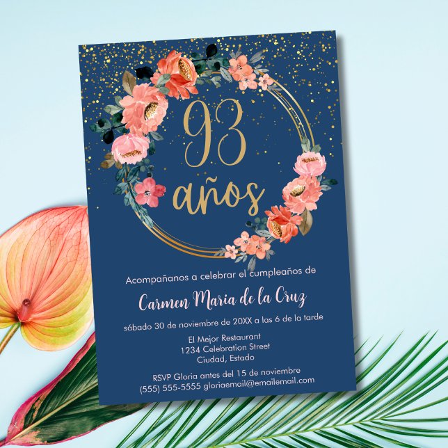 Spanish Elegant Chic Blue Pink 93rd Birthday Invitation (Creator Uploaded)