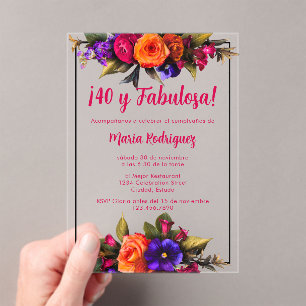 Spanish Elegant Chic Bright Florals 40th Birthday Acrylic Invitations