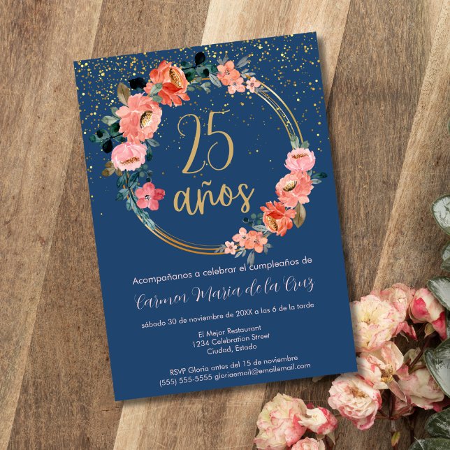 Spanish Elegant Chic Floral 25th Birthday Party Invitation (Creator Uploaded)