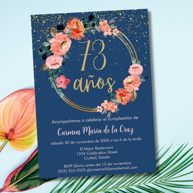 Spanish Elegant Chic Floral 73rd Birthday Party Invitation (Creator Uploaded)