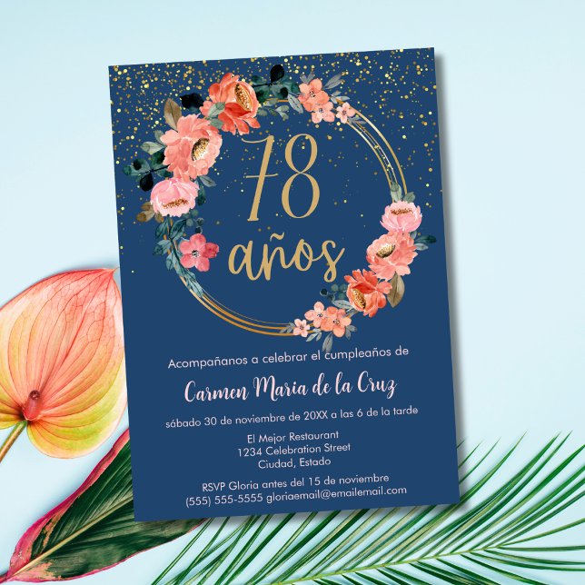 Spanish Elegant Chic Floral 78th Birthday Party Invitation (Creator Uploaded)