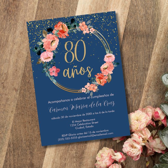 Spanish Elegant Chic Floral 80th Birthday Party Invitation (Creator Uploaded)