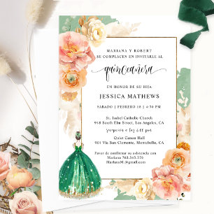 Spanish, Elegant Dark Green Floral Quinceañera Invitation