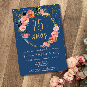 Spanish Elegant Glitter Floral 75th Birthday Party Invitation