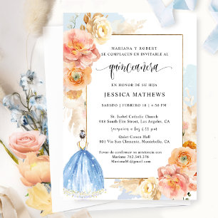 Spanish, Elegant Light Blue Floral Quinceañera Invitation