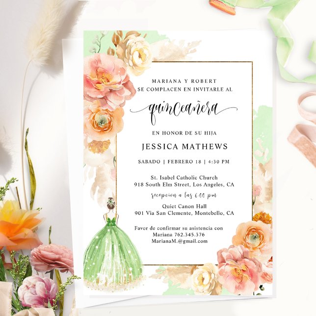 Spanish, Elegant Light Green Floral Quinceañera In Invitation (Creator Uploaded)