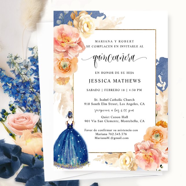 Spanish, Elegant Navy Blue Floral Quinceañera Invitation (Creator Uploaded)
