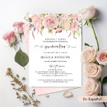 Spanish Elegant Pink, Blush, Rose Gold Quinceañera Invitation<br><div class="desc">Delight your guests with this beautiful quinceañera invitation in Spanish. Invite also available in English. Elegant invitation with exquisite floral border with flowers in pink, blush pink, cream and rose gold foliage details showcasing your quinceañera details. Modern hand written calligraphy elements. Ability to add ceremony and reception details, which for...</div>
