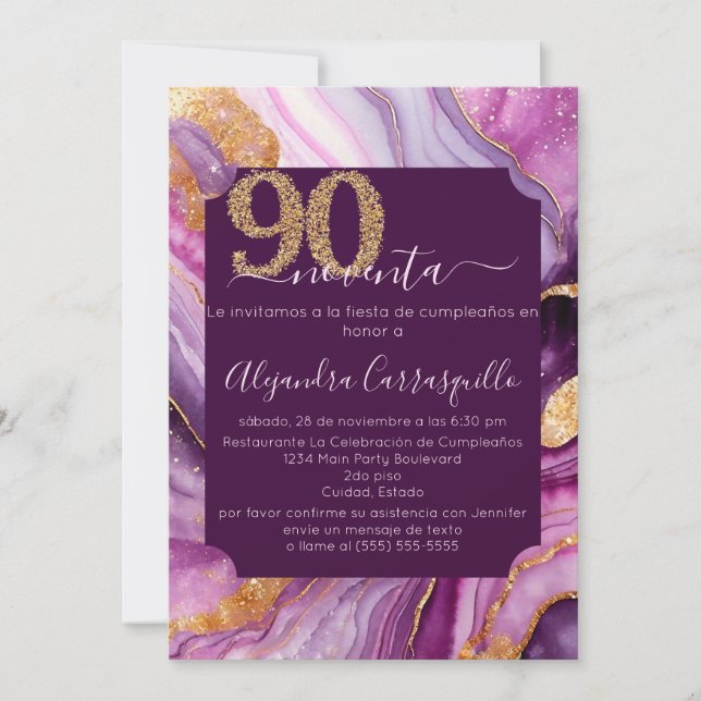 Spanish Elegant Purple Agate 90th Birthday Party Invitation (Front)
