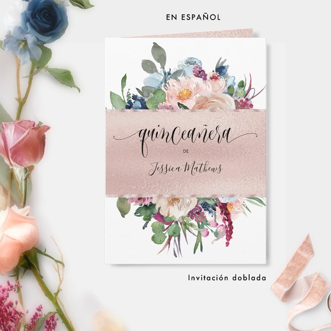 Spanish, Elegant Rose Gold Folded Quinceañera Invitation (Creator Uploaded)