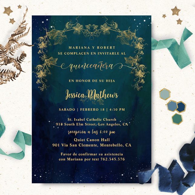 Spanish, Elegant Starry Night Quinceañera Invitation (Creator Uploaded)