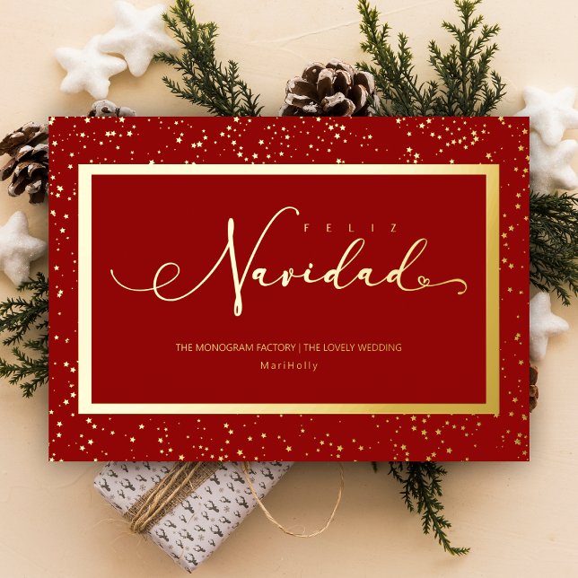 Spanish Elegant Stars Frame Feliz Navidad Script Foil Holiday Card (Creator Uploaded)