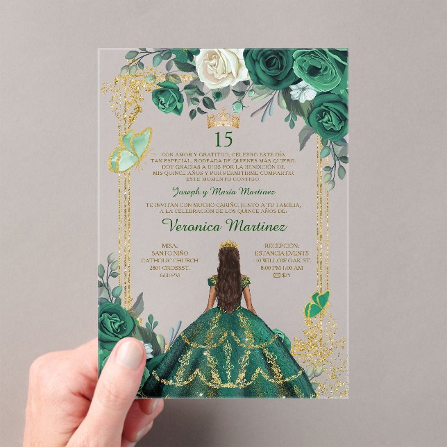 Spanish Emerald Green Princess Floral Mis Quince Acrylic Invitations (Insitu (Handheld))