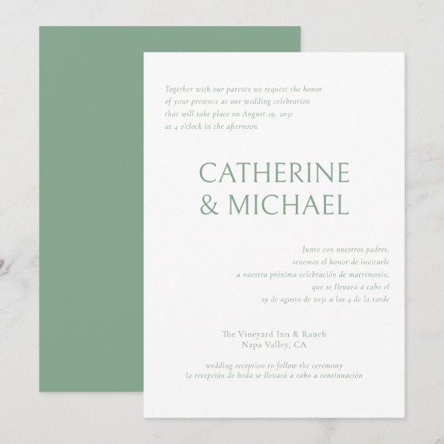Spanish English Bilingual Elegant Classic Wedding Invitation (Front/Back)