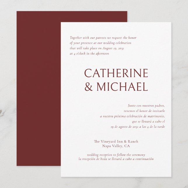 Spanish English Bilingual Elegant Classic Wedding Invitation (Front/Back)