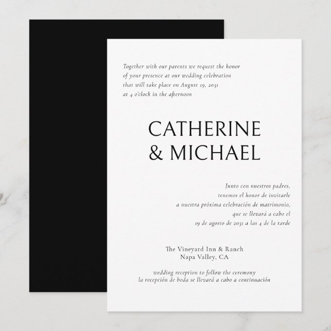 Spanish English Bilingual Elegant Classic Wedding Invitation (Front/Back)
