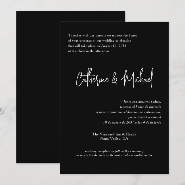 Spanish English Bilingual Elegant Classic Wedding Invitation (Front/Back)