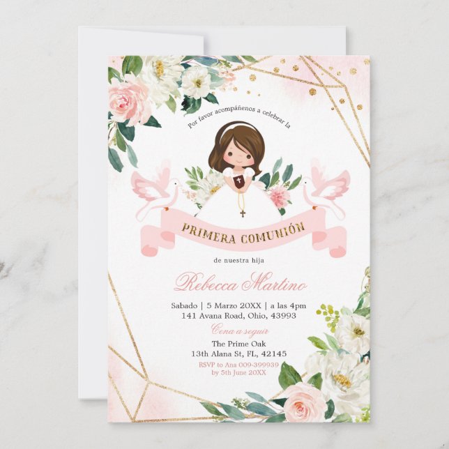 Spanish English Pink Gold Floral Girl Christening Invitation (Front)