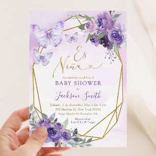 Spanish Es Niña Purple Floral Baby Shower Invitation