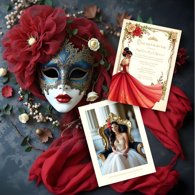Spanish Exquisite Chic Quinceañera Masquerade Ball Invitation (Spanish Exquisite Elegant Quinceañera Masquerade Ball Golden Effect Invitation Cards.)