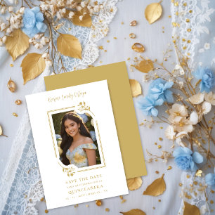Spanish Exquisite Photo Quinceañera in Gold Floral Save The Date