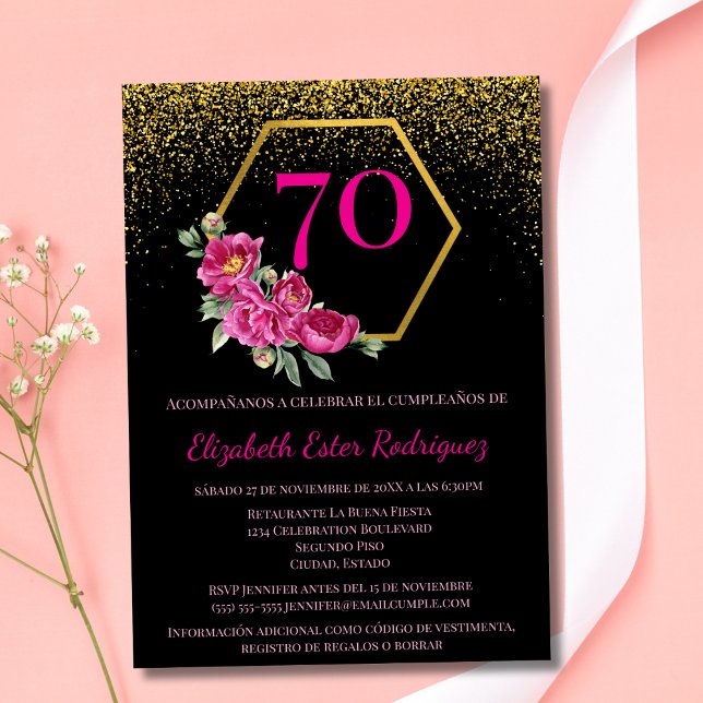 Spanish Fancy Black Gold & Pink 70th Birthday Invitation (Creator Uploaded)