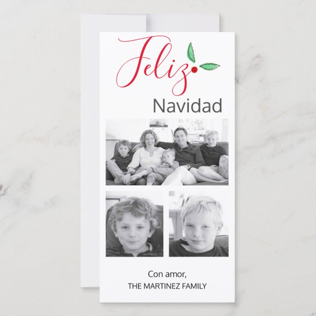 Spanish Feliz Navidad Festive Holly Three Photos Holiday Card (Front)