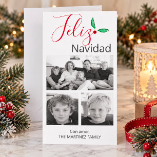 Spanish Feliz Navidad Festive Holly Three Photos Holiday Card