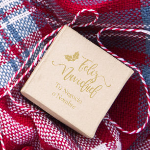 Spanish Feliz Navidad Quote Typography & Holly  Rubber Stamp