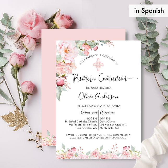 Spanish First Communion Pink and Mint Floral Invitation (Creator Uploaded)