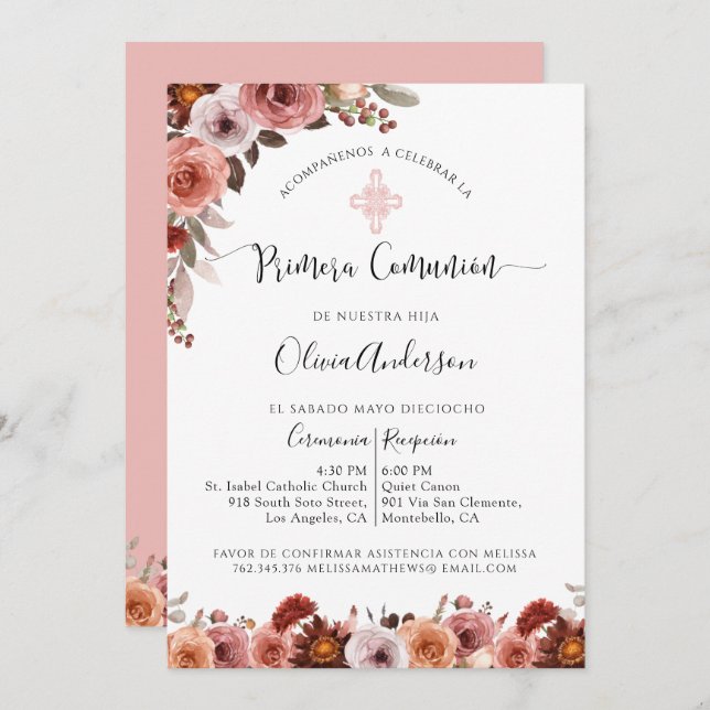 Spanish First Communion Pink Floral Invitation (Front/Back)