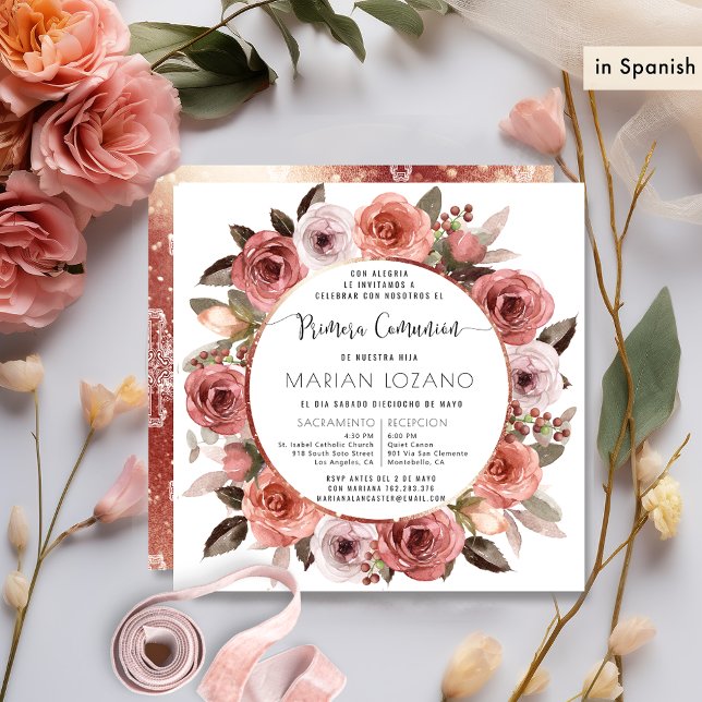 Spanish, First Communion, Rose Gold Floral Invitation (Creator Uploaded)