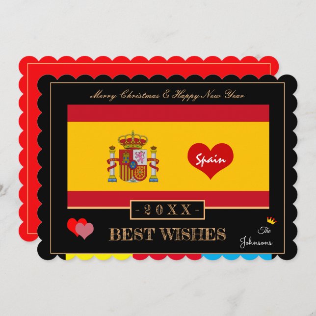 Spanish Flag & Happy New Year/Wishes Spain Heart Holiday Card (Front/Back)