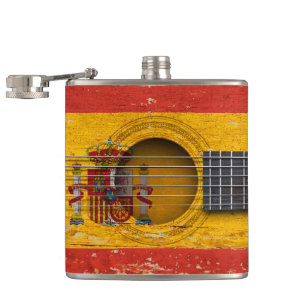 Spanish Flag on Old Acoustic Guitar Hip Flask