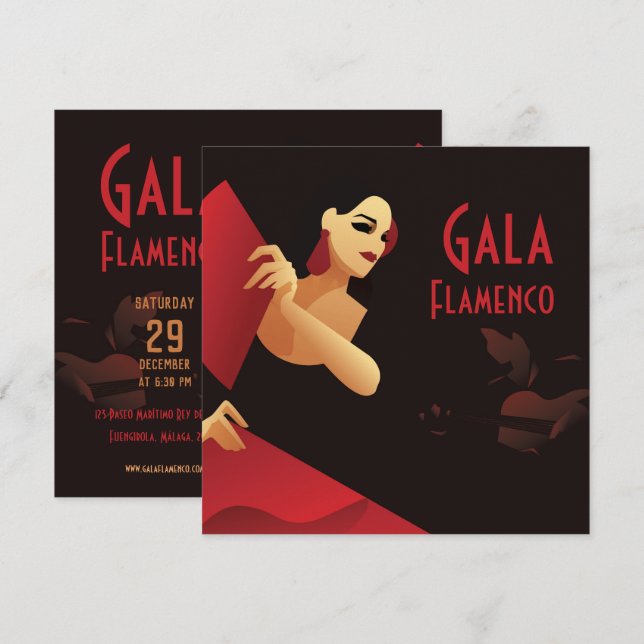 Spanish flamenco dancer with fan. black and red invitation (Front/Back)