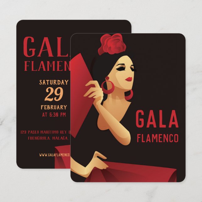 Spanish flamenco dancer with fan black and red invitation (Front/Back)