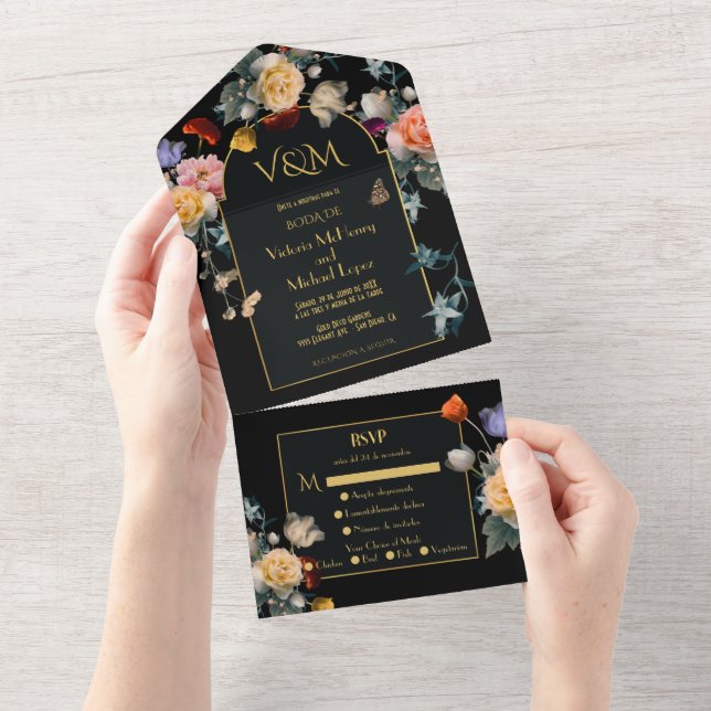 Spanish Floral Dark & Moody Wedding Initials All In One Invitation (Tearaway)