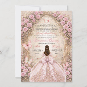 Spanish Forest Pink & Gold Butterfly Sweet 15 Años Invitation