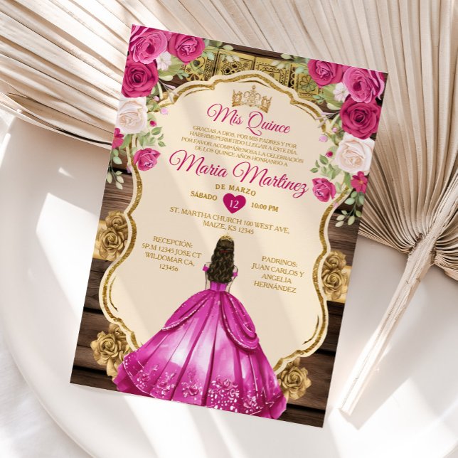 Spanish Fuchsia Pink Floral Wood Mis Quince Invitation (Creator Uploaded)
