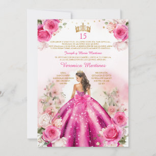 Spanish Fuchsia Pink Princess 15 Años Birthday Invitation
