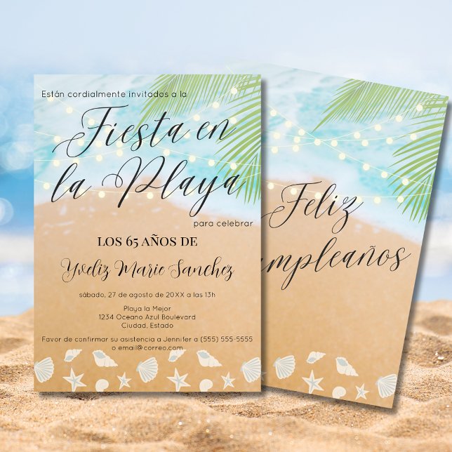 Spanish Fun Beach Sand Blue 65th Birthday Party Invitation (Creator Uploaded)