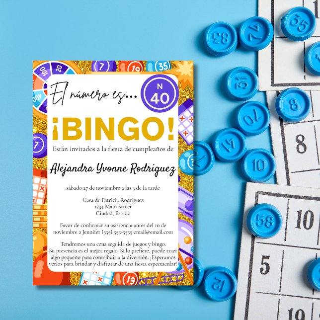 Spanish Fun Bingo & Games Gold 40th Birthday Invitation (Creator Uploaded)