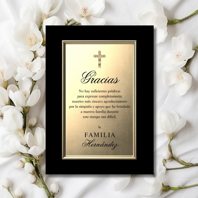 SPANISH Funeral Cross Gold Black PHOTO Thank You Card (SPANISH Gracias Carta Para Funerale | Religioso con Cruz. Foto. Oro i negro | En memoria de)