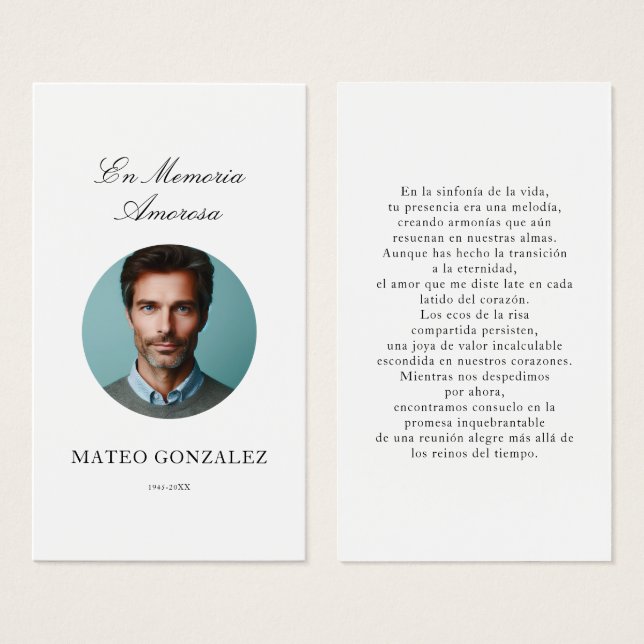 Spanish Funeral En Memoria Oval Photo Prayer Card (Front & Back)