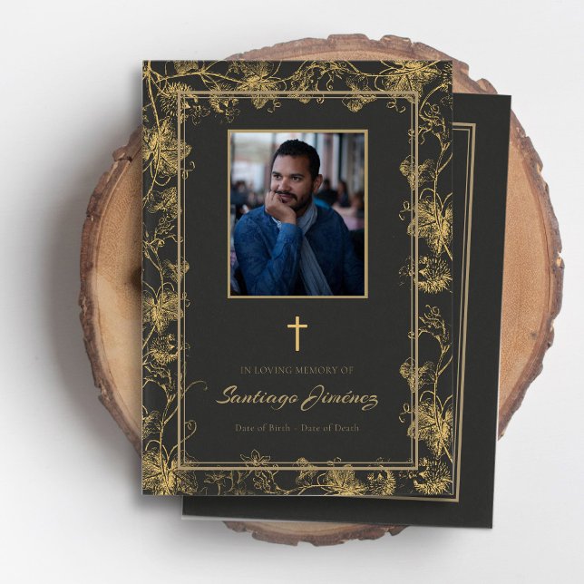 Spanish Funeral Program Gold Vine Memorial Card (Spanish funeral programs, funeral cards Spanish, Spanish sympathy funeral thank you card)