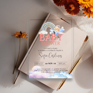Spanish Girl Baby Shower Teddy Bear Aeroplane Pink Acrylic Invitations