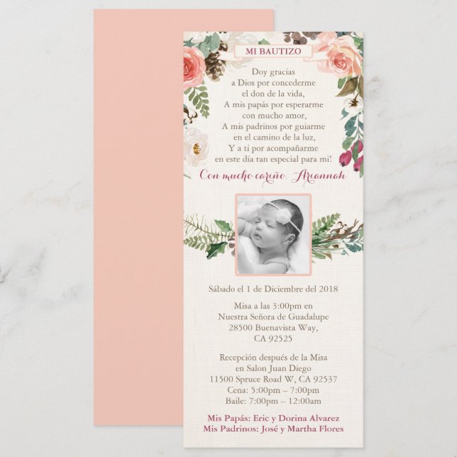 Spanish Girl Baptism Bautizo invites for Winter (Front/Back)