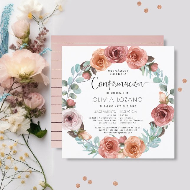 Spanish, Girl Confirmation, Rose Gold Blush Floral Invitation (Creator Uploaded)