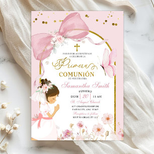 Spanish Girl Kneeling Pink Bow Primera Comunion Invitation