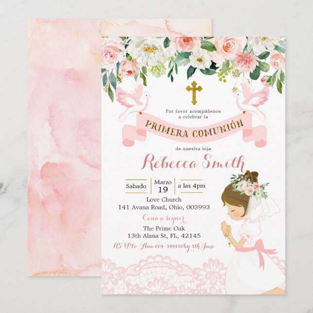 Spanish Girl Pink and Gold Primera Comunion Invitation (Front/Back)